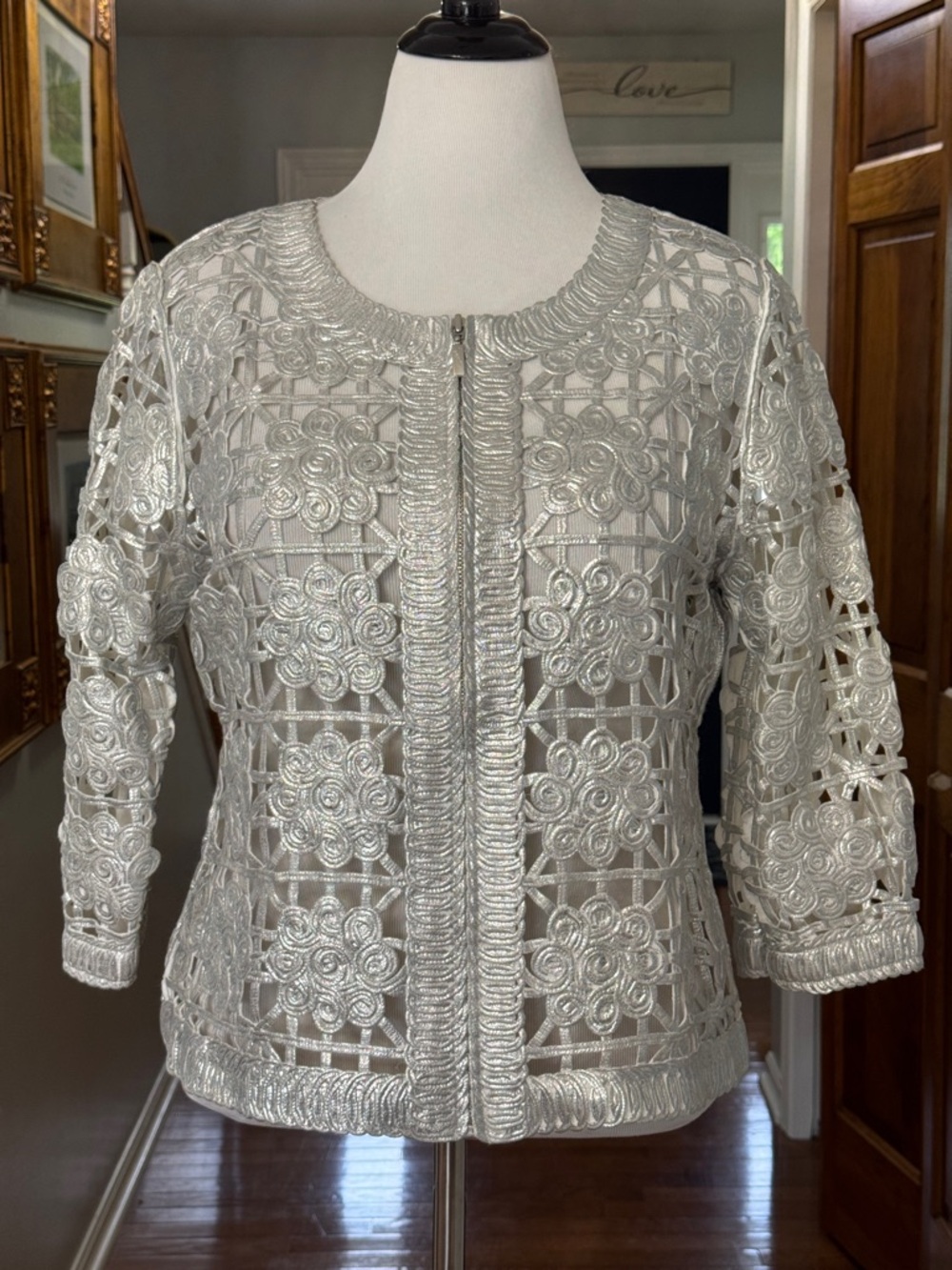 Chicos Travelers Collection Silver Foiled Lace Bomber Jacket size Large 2